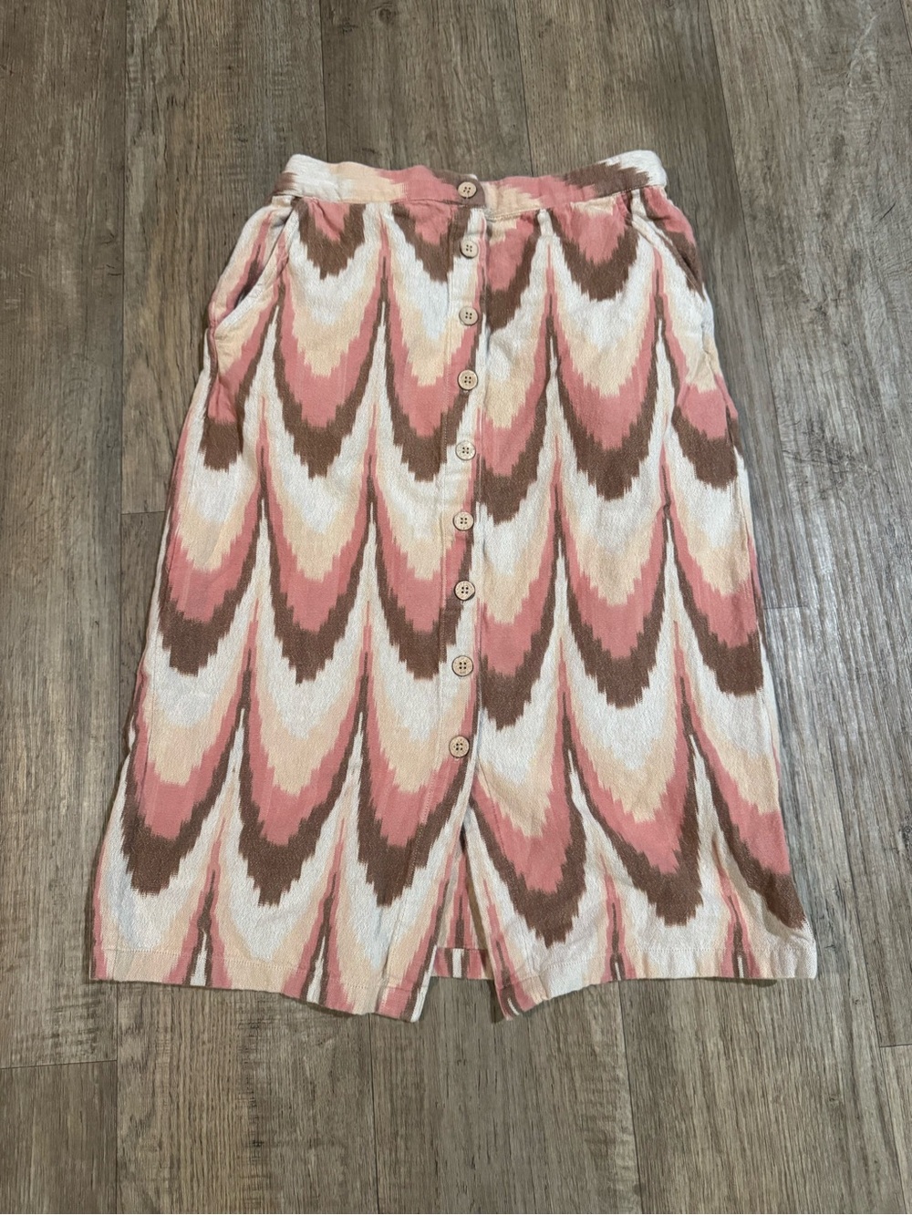Faherty Chevron Button-Front Midi Skirt in Pink, Brown & Cream